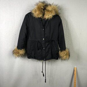 Roiii Jacket Womens Medium Black Faux Fur Hood Cuffs Lined Parka Penny Lane Y2K